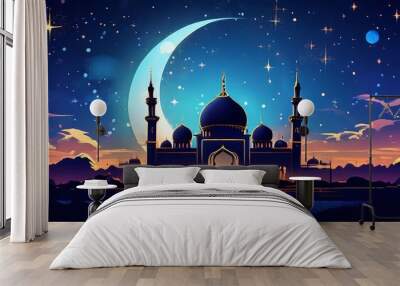 A beautiful mosque illuminated by the crescent moon and stars, with a reflection of the mosque in the water. Wall mural