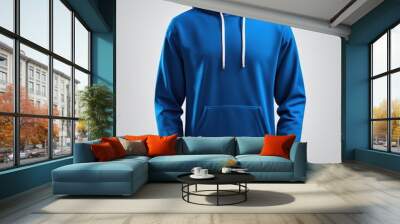 A blue hoodie with a front pocket and drawstrings, ideal for casual wear and comfort. Wall mural