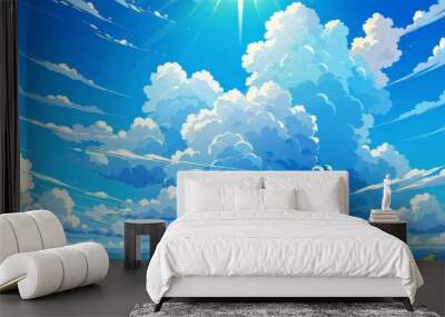 A bright, sunny day with fluffy white clouds filling the sky above a blue ocean and green land. Wall mural