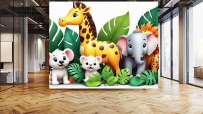 A colorful illustration of cute jungle animals among tropical leaves. Wall mural