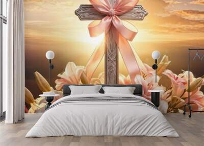 A cross adorned with a pink ribbon and surrounded by lilies against a sunset backdrop. Wall mural