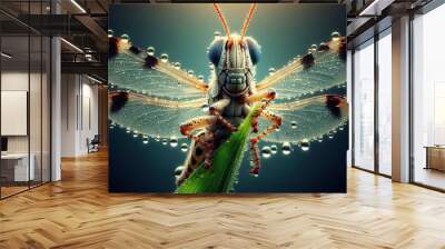 A dew-covered grasshopper perched on a green leaf, with a close-up view of its detailed wings. Wall mural