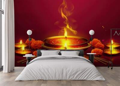 A festive display with candles, flowers, and incense, symbolizing celebration and spirituality. Wall mural