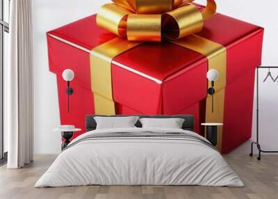 A festive red gift box with a golden ribbon and bow, perfect for celebrations. Wall mural