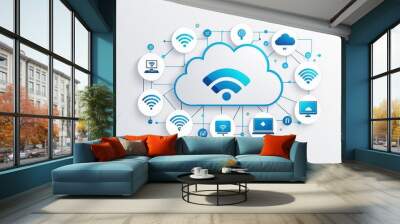 A graphic representation of cloud computing and connectivity with various icons related to technology and data transfer. Wall mural