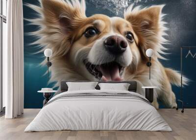 A joyful dog swimming underwater, showcasing its playful nature and vibrant expression. Wall mural