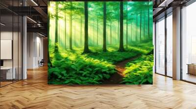 A serene forest scene with sunlight filtering through trees, illuminating lush greenery. Wall mural