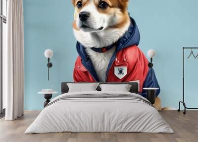 A stylish corgi wearing a colorful jacket, sitting against a light blue background. Wall mural