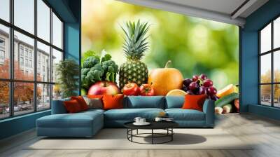 A vibrant assortment of fresh fruits and vegetables arranged with a blurred green background. Wall mural