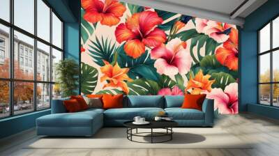 A vibrant floral pattern featuring hibiscus and tropical leaves. Wall mural