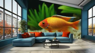 A vibrant orange fish with white fins swims in a tank with green plants. Wall mural