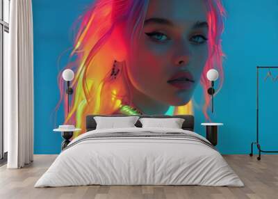 A vibrant portrait of a person with colorful hair and glowing accessories, set against a blue background. Wall mural