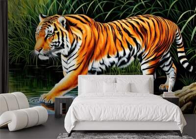 A vibrant tiger wading through water in a lush, green environment. Wall mural