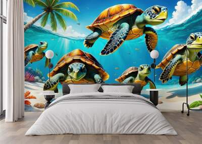 A vibrant underwater scene featuring sea turtles swimming amidst colorful coral reefs. Wall mural