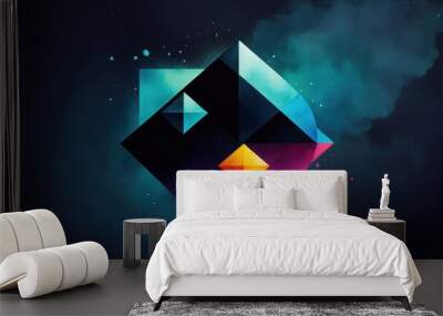 Abstract geometric design with vibrant colors and shapes on a dark background. Wall mural