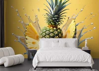 Pineapple with water splash against yellow background. Wall mural