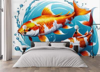 Two colorful koi fish swimming in blue water with splashes. Wall mural