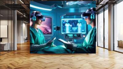 Two individuals in surgical attire using virtual reality headsets in a high-tech environment. Wall mural