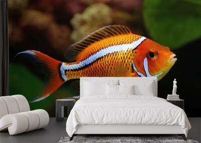 Vibrant orange fish with white stripes swims in clear water. Wall mural