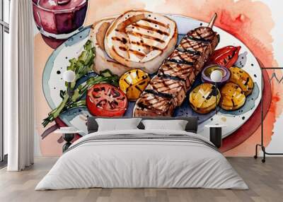 Watercolor illustration of a grilled meat skewer, vegetables, bread and red wine. Wall mural