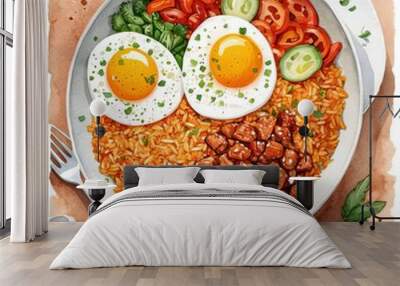 Watercolor illustration of fried rice with meat, two sunny-side-up eggs, cucumber, tomatoes and parsley. Wall mural