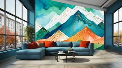 Watercolor painting of a mountain range with gold accents and a sun in the sky. Wall mural