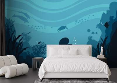 Flat cartoon vector illustration. fish and wild marine animals in ocean. vector illustration of underwater ocean fauna with coral reef. aquarium life. tropical aquarium with fishes in blue water. Wall mural