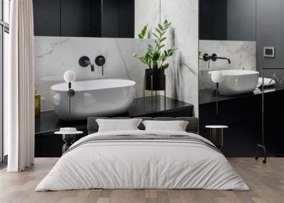 Black bathroom with mirror wall, panorama Wall mural