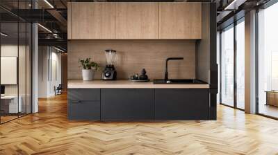 Wooden kitchen countertop with black sink Wall mural