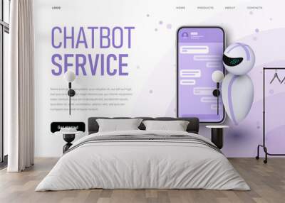 Chatbot service landing page tempalte with levitating robot. Future chatbot concept Wall mural