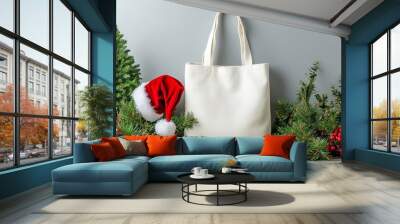 Canvas tote bag. Mockup. A canvas tote bag stands among Christmas decorations. ai generated Wall mural