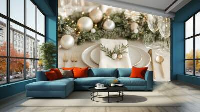 Christmas table setting indoors Christmas decoration . ai generated Wall mural