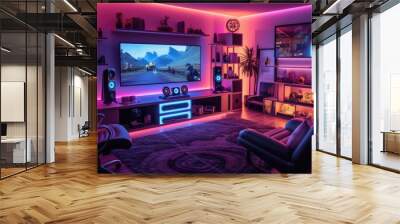 Gamer ergonomic chair with remote controller car, wireless VR and entertainment gadget in neon light room ai generated Wall mural