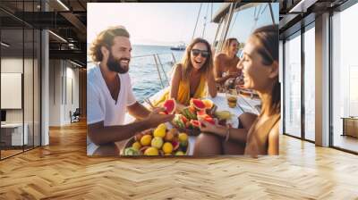 group of happy friends having party on a yacht, AI Generated Wall mural