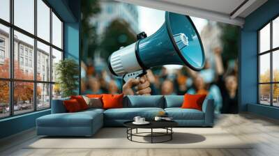 Hand of man holding megaphone. ai generated Wall mural