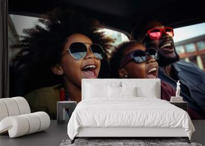 Happy african american family of father and children enjoying road trip together, AI Generative Wall mural