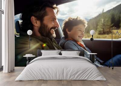 Happy family of father and son enjoying road trip together, AI Generative Wall mural