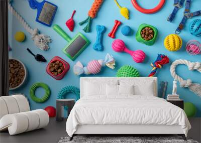 Pet care concept, various pet accessories and tools on blue background, flat lay Wall mural