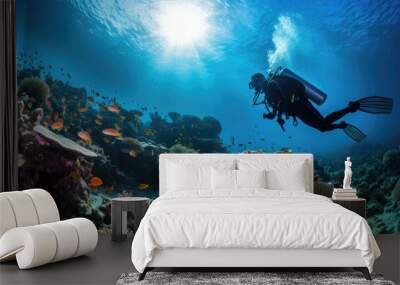 Scuba diving in ocean coral reef sea under water. AI Generated Wall mural