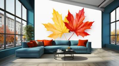 Two colorful maple leaves on white background, AI Generated Wall mural