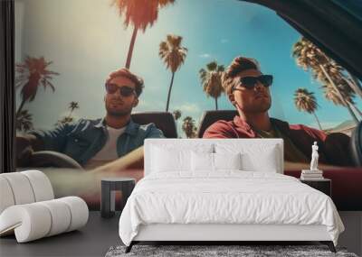 Two friends in car driving on road, having road trip, palm trees around. AI Generative Wall mural