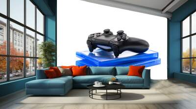 video game controllers and CDs isolated on white Wall mural