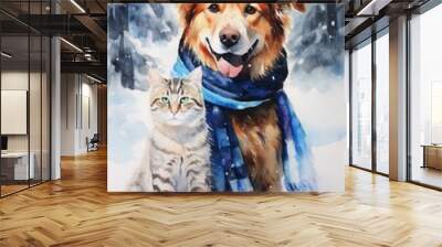 watercolor painted cute dog and puppy in scarf in snow , realistic style, isolated on white , AI Generated Wall mural