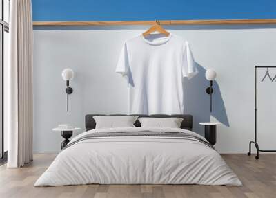 White tshirt mockup on hanger outdoors, AI Generative Wall mural