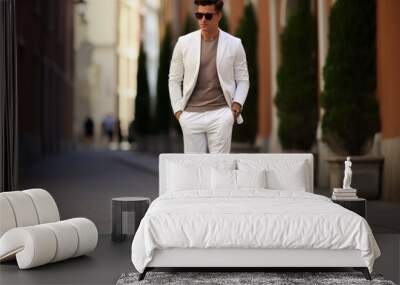 wide white pants mockup on unrecognizable male model , AI Generated Wall mural