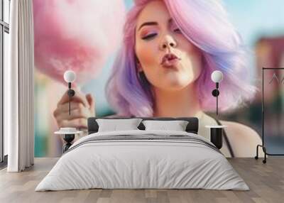 Young woman with pink colored hair walking on the street eating cotton candy. Generative AI Wall mural