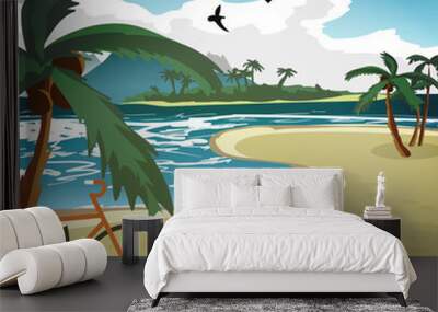 Sea landscape summer tropical private beach. A young woman came by bicycle and sunbathing on the sand alone. Vector flat cartoon illustration Wall mural