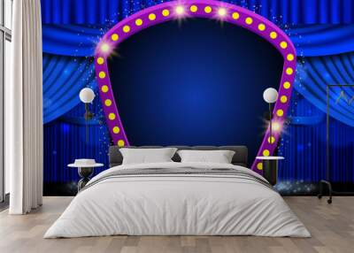 Background with blue curtain, podium and retro arch banner. Design for presentation, concert, show Wall mural