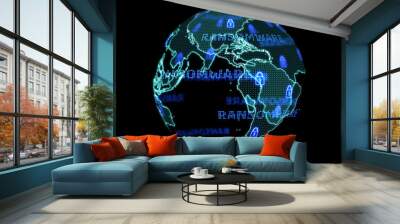 Digital global world map and technology research develpoment analysis to ransomware attack blue text Wall mural