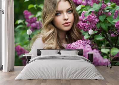 Beautiful girl in lilac Garden. Girl with lilac flowers in springtime. Gardening. Wall mural